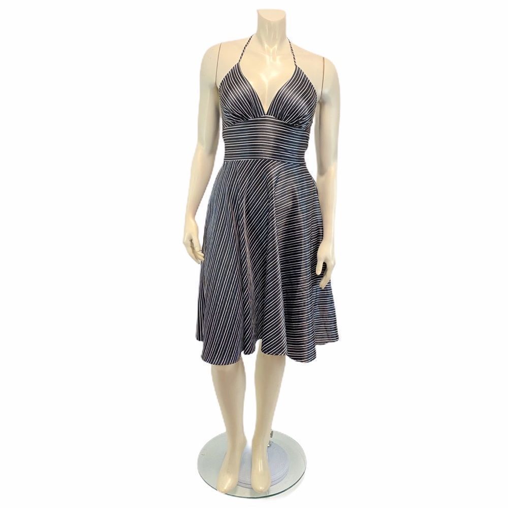 B. MOSS Women's Sz 8 V Neck Stripe Halter Fit and Flare Satin Dress